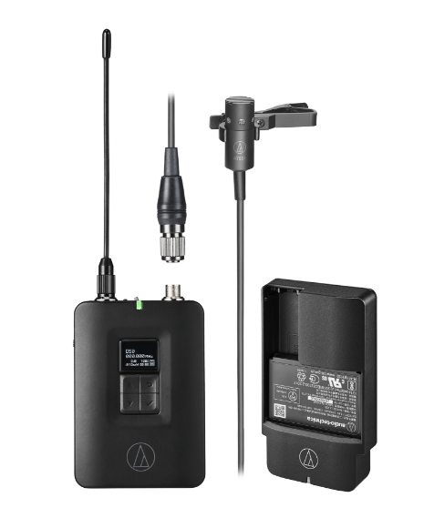 BODY-PACK TRANSMITTER WITH LAVALIER MICROPHONE AND CHARGER